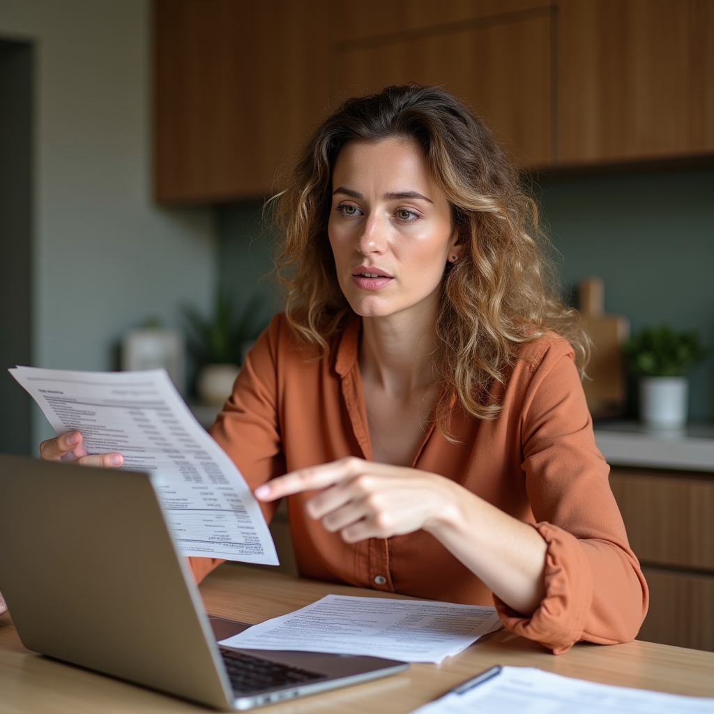 Consumatore che esamina estratto conto bancario con espressione attenta